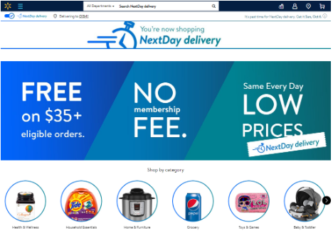 Walmart NextDay Delivery shopping landing page