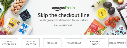 Free trial landing page for Amazonfresh with diverse assortment of food