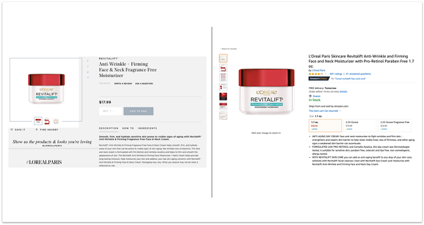 Comparison between L’Oreal Revitalift product detail page and the website page
