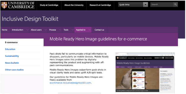 University of Cambridge website showcasing mobile ready hero images guidelines for e-commerce