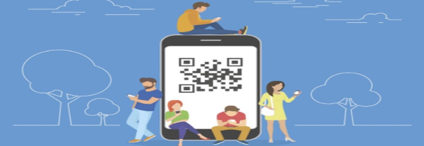 People in a park surrounding a mobile device with QR code in the middle