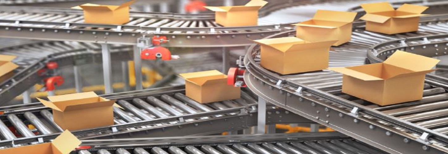 multiple brown boxes on conveyor belts 