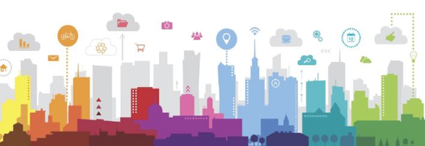  Outline of a city landscape in many colors with different icons