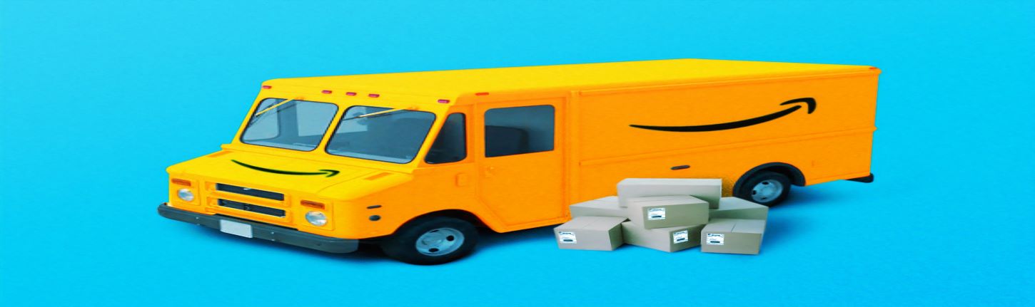 Yellow bus with amazon logo and boxes