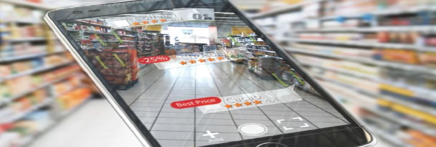 Mobile device in video mode in front of a grocery aisle
