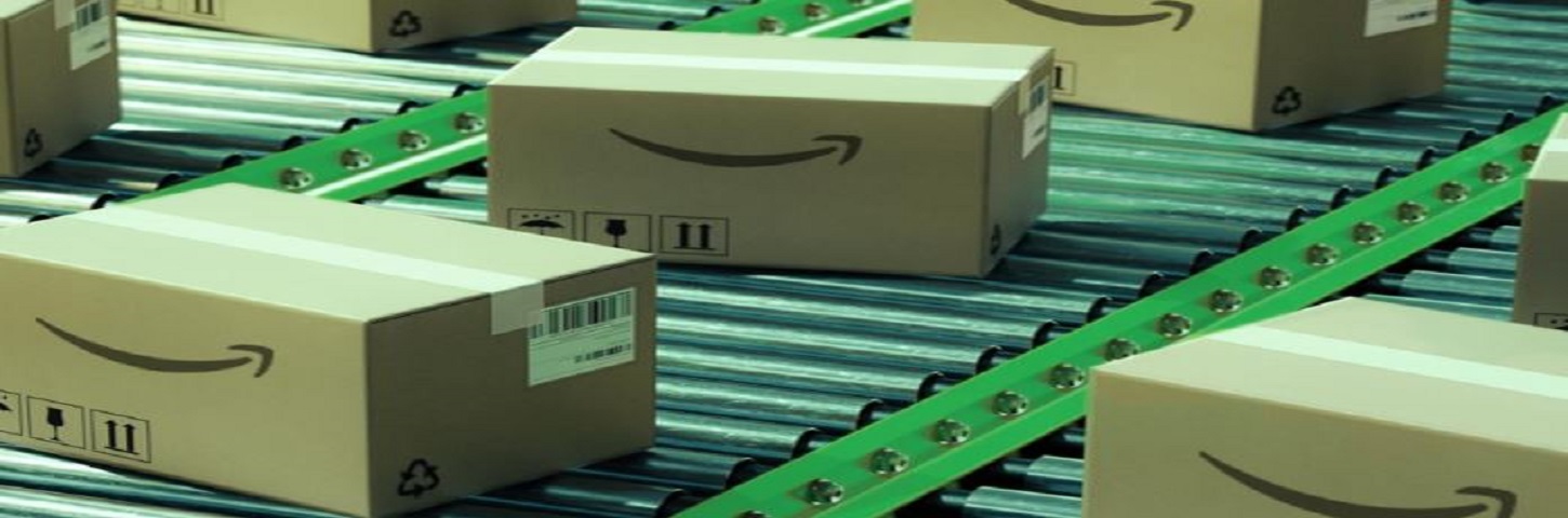 Multiple Amazon boxes on a conveyor belt
