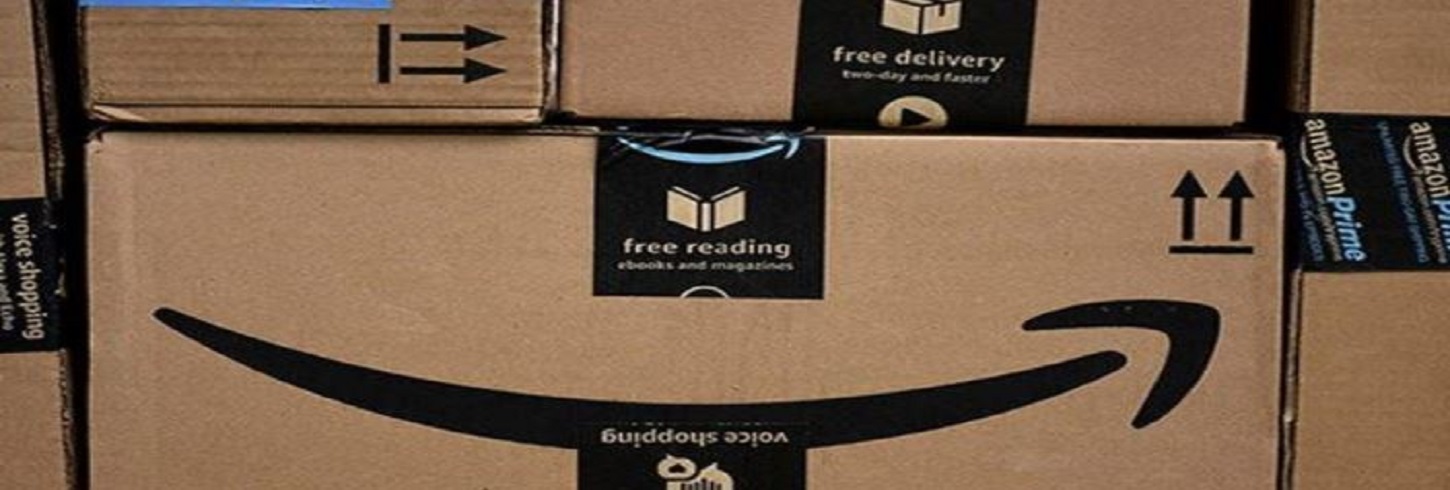 Amazon boxes with the Amazon logo